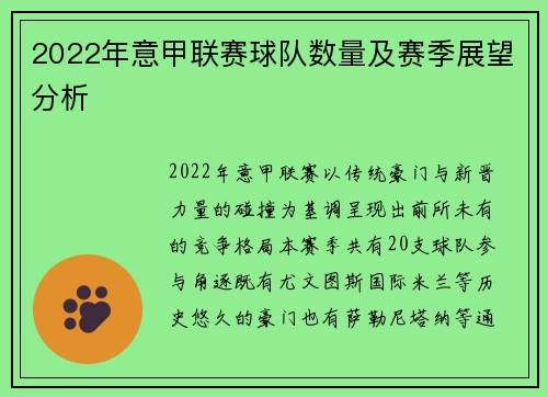 2022年意甲联赛球队数量及赛季展望分析